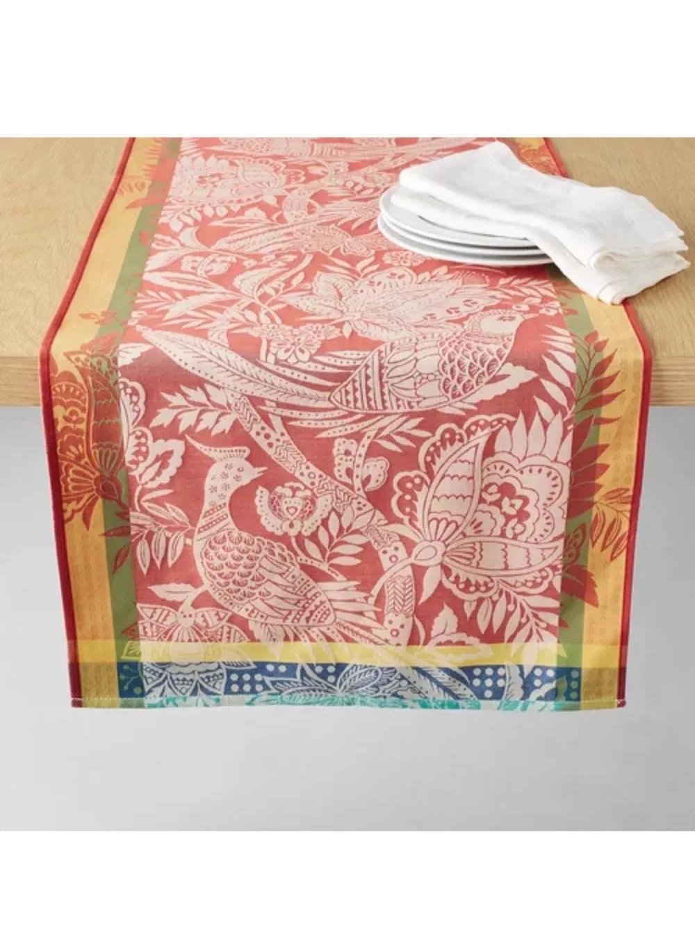 Sur La Table Coral Floral & Bird Cotton Table Runner with Multicolor Borders